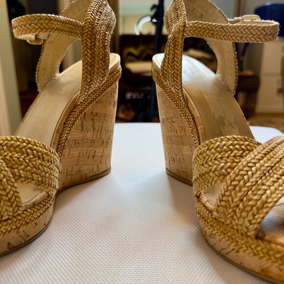 Stuart Weitzman Minx Stappy Wedges Shoes with Cork and Raffia Size 7 - Picture 4 of 16